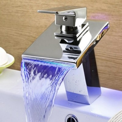 PROWAY Bathroom Spout Waterfall Taps Colorful LED Basin Brass Faucet